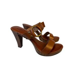 Frye Sophia Ring Heeled Slide Sandal Heels Cognac Leather Sz 8.5 Made Brazil NEW